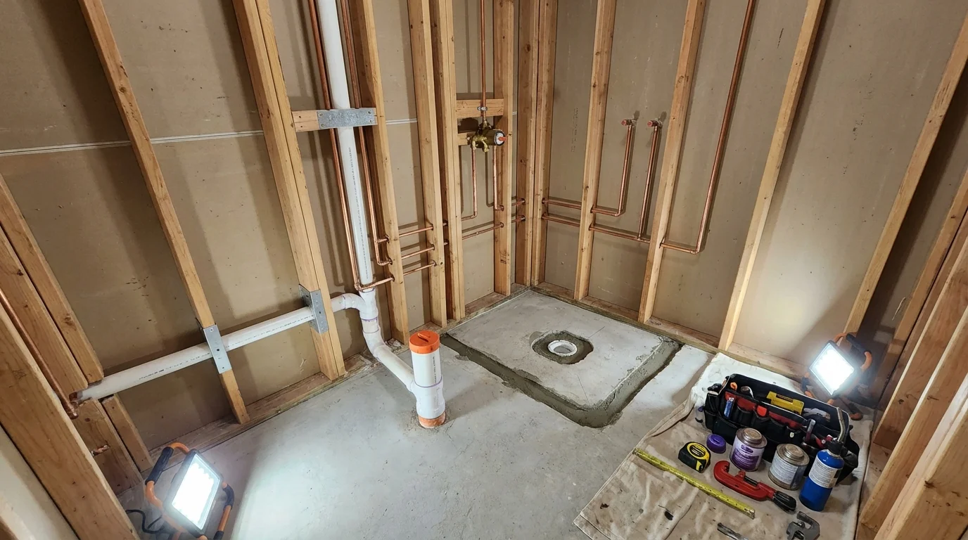 Bathroom rough-in plumbing during remodel by Johns Plumbing LLC in Merryville