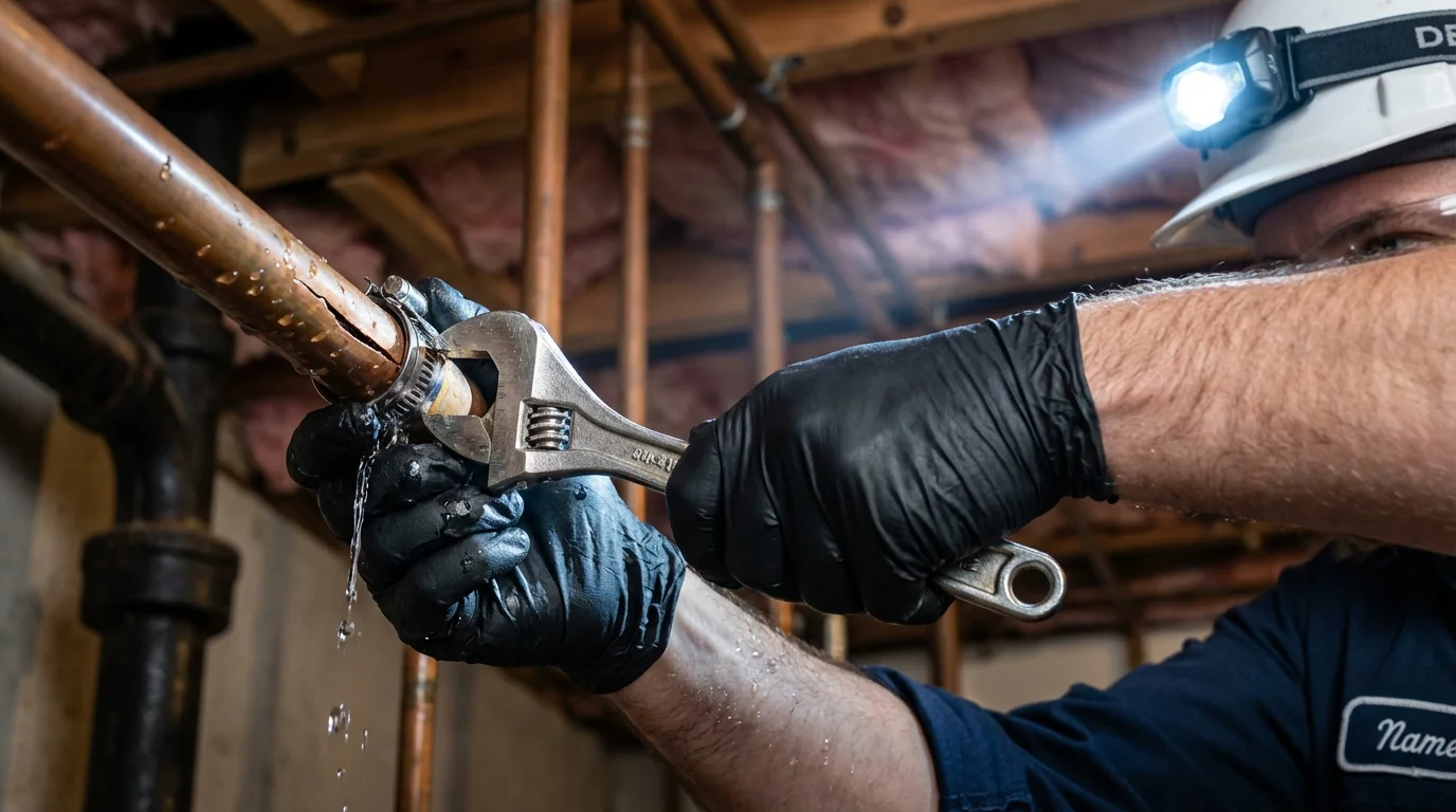 Emergency pipe clamp repair being performed by a Johns Plumbing LLC plumber in Merryville