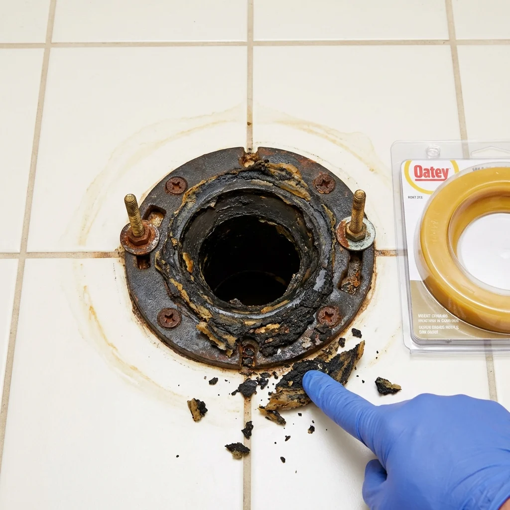 Failed wax ring showing water seepage at the base of a toilet in a Merryville, LA home