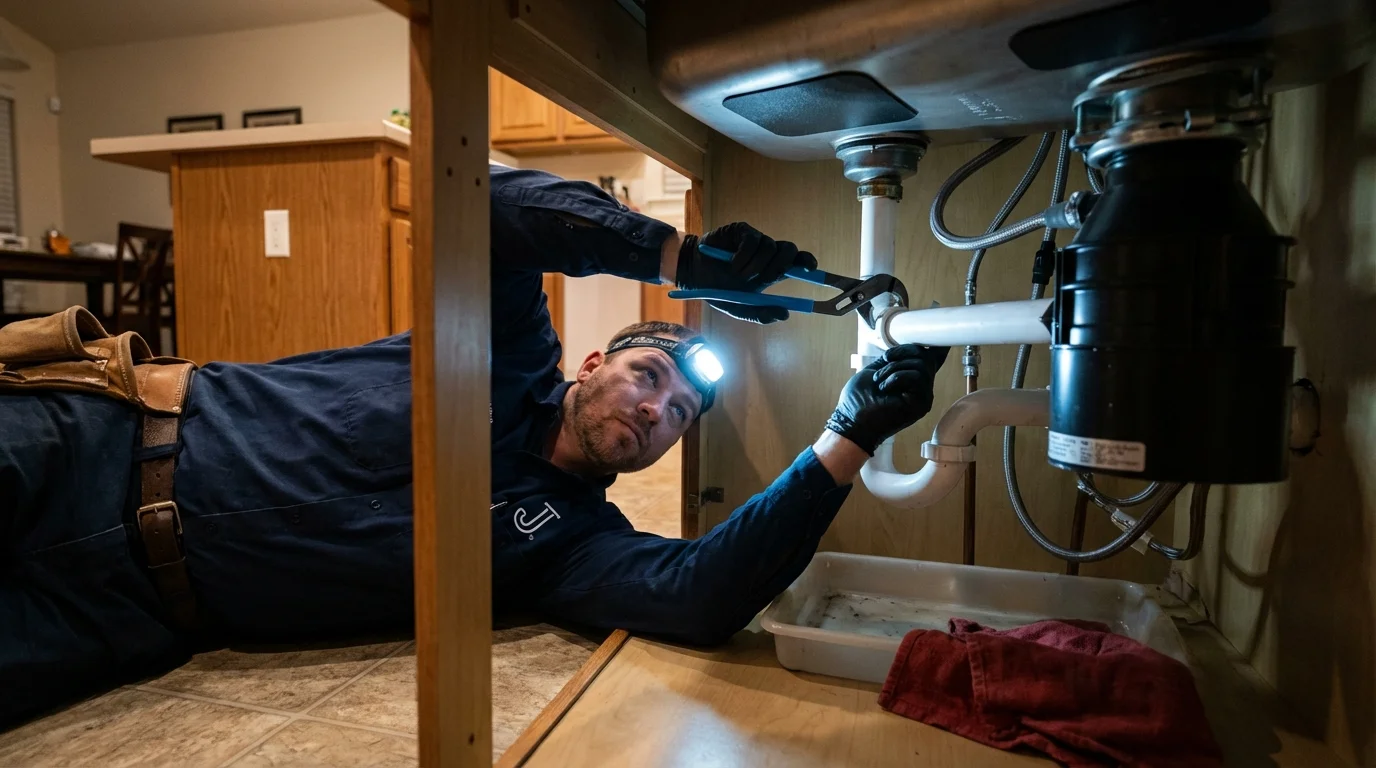 P-trap and supply line connections under a kitchen sink showing a common leak point in Merryville, LA